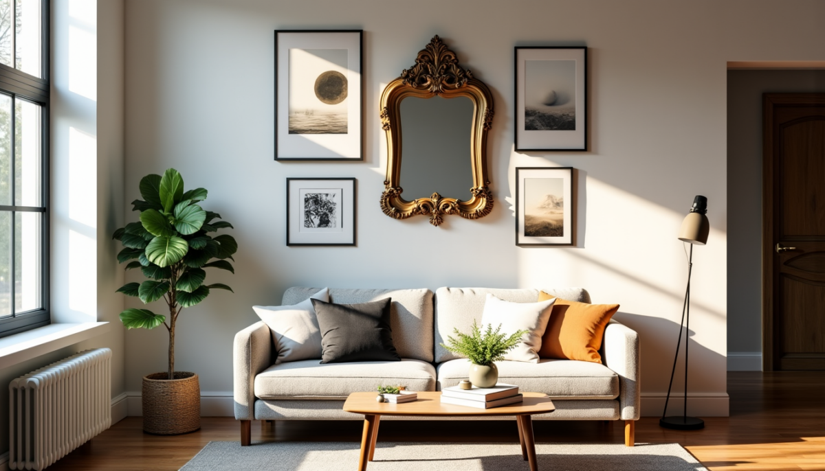 Galerie murale : comment affiche encadrée et miroir décoratif transforment visuellement une pièce